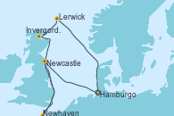 Visitando Hamburgo (Alemania), Newcastle (Reino Unido), Newhaven (Reino Unido), Invergordon (Escocia), Lerwick (Escocia), Hamburgo (Alemania)