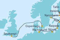 Visitando Helsinki (Finlandia), Tallin (Estonia), Nynashamn (Suecia), Riga (Letonia), Klaipeda (Lituania), Gdynia (Polonia), Warnemunde (Alemania), Copenhague (Dinamarca), Southampton (Inglaterra)