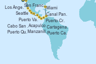 Visitando Seattle (Washington/EEUU), San Francisco (California/EEUU), Los Ángeles (California), Cabo San Lucas (México), Puerto Vallarta (México), Manzanillo (México), Acapulco (México), Puerto Quetzal (Guatemala), Puerto Caldera (Costa Rica), Puerto Cristóbal (Panamá), Canal Panamá, Cartagena de Indias (Colombia), Miami (Florida/EEUU)