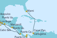 Visitando Los Ángeles (California), Cabo San Lucas (México), Puerto Vallarta (México), Manzanillo (México), Acapulco (México), Puerto Quetzal (Guatemala), Puerto Caldera (Costa Rica), Puerto Cristóbal (Panamá), Canal Panamá, Cartagena de Indias (Colombia), Miami (Florida/EEUU)