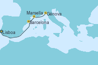 Visitando Lisboa (Portugal), Barcelona, Marsella (Francia), Génova (Italia)