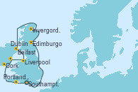 Visitando Southampton (Inglaterra), Edimburgo (Escocia), Invergordon (Escocia), Portree (Reino Unido), Belfast (Irlanda), Liverpool (Reino Unido), Dublin (Irlanda), Cork (Irlanda), Portland, Dorset (Reino Unido), Southampton (Inglaterra)