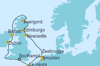 Visitando Southampton (Inglaterra), Dublin (Irlanda), Belfast (Irlanda), Portree (Reino Unido), Invergordon (Escocia), Edimburgo (Escocia), Newcastle (Reino Unido), Ijmuiden (Ámsterdam), Zeebrugge (Bruselas), Le Havre (Francia), Southampton (Inglaterra)