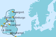 Visitando Southampton (Inglaterra), Edimburgo (Escocia), Invergordon (Escocia), Portree (Reino Unido), Dublin (Irlanda), Liverpool (Reino Unido), Belfast (Irlanda), Cork (Irlanda), Le Havre (Francia), Southampton (Inglaterra)