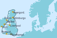 Visitando Southampton (Inglaterra), Edimburgo (Escocia), Invergordon (Escocia), Portree (Reino Unido), Liverpool (Reino Unido), Dublin (Irlanda), Belfast (Irlanda), Cork (Irlanda), Portland, Dorset (Reino Unido), Southampton (Inglaterra)