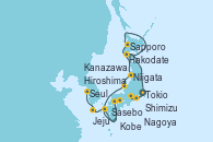Visitando Tokio (Japón), Shimizu (Japón), Kobe (Japón), Nagoya (Japón), Hakodate (Japón), Sapporo (Japón), Niigata (Japón), Kanazawa (Japón), Hiroshima (Japón), Sasebo (Japón), Jeju (Corea del Sur), Seul (Corea del Sur), Seul (Corea del Sur)