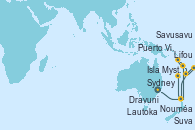 Visitando Sydney (Australia), Nouméa (Nueva Caledonia), Lifou (Isla Loyalty/Nueva Caledonia), Puerto Vila (Vanuatu), Isla Mystery (Vanuatu), Dravuni (Fiji), Savusavu (Islas Fidji), Suva (Fiyi), Lautoka (Fiyi)