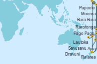 Visitando Papeete (Tahití), Moorea (Tahití), Raiatea (Polinesia Francesa), Bora Bora (Polinesia), Rarotonga (Islas Cook), Pago Pago (Samoa), Apia (Samoa), Savusavu (Islas Fidji), Dravuni (Fiji), Lautoka (Fiyi)