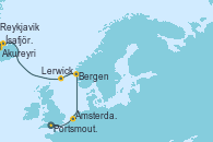 Visitando Portsmouth (Inglaterra), Ámsterdam (Holanda), Ámsterdam (Holanda), Bergen (Noruega), Lerwick (Escocia), Akureyri (Islandia), Ísafjörður (Islandia), Reykjavik (Islandia), Reykjavik (Islandia)