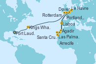 Visitando Fort Lauderdale (Florida/EEUU), Kings Wharf (Bermudas), Portland, Dorset (Reino Unido), Le Havre (Francia), Dover (Inglaterra), Rotterdam (Holanda), Agadir (Marruecos), Arrecife (Lanzarote/España), Las Palmas de Gran Canaria (España), Santa Cruz de Tenerife (España), Lisboa (Portugal), Dover (Inglaterra)