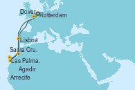 Visitando Rotterdam (Holanda), Agadir (Marruecos), Arrecife (Lanzarote/España), Las Palmas de Gran Canaria (España), Santa Cruz de Tenerife (España), Lisboa (Portugal), Dover (Inglaterra), Rotterdam (Holanda)