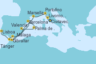 Visitando Civitavecchia (Roma), Livorno, Pisa y Florencia (Italia), Portofino (Italia), Marsella (Francia), Gibraltar (Inglaterra), Barcelona, Palma de Mallorca (España), Valencia, Málaga, Tánger (Marruecos), Lisboa (Portugal)