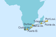 Visitando Ciudad del Cabo (Sudáfrica), Ciudad del Cabo (Sudáfrica), Puerto Elizabeth (Sudáfrica), Durban (Sudáfrica), Bahía de Richards (Sudáfrica), Tolagnaro (Madagascar), Pointe des Galets (Francia), Port Louis  (Mauricio), Port Louis  (Mauricio)