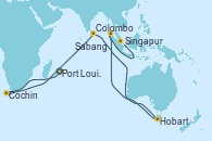 Visitando Port Louis  (Mauricio), Malé (Maldivas), Cochin (India), Cochin (India), Cochin (India), Colombo (Sri Lanka), Colombo (Sri Lanka), Hobart (Australia), Sabang (Indonesia), Singapur