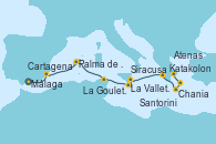 Visitando Málaga, Cartagena (Murcia), Palma de Mallorca (España), La Goulette (Tunez), La Valletta (Malta), Siracusa (Sicilia), Katakolon (Olimpia/Grecia), Chania (Creta/Grecia), Santorini (Grecia), Atenas (Grecia)