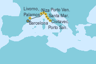 Visitando Barcelona, Palamos (Gerona/España), Niza (Francia), Santa Margarita (Italia), Porto Venere (Italia), Livorno, Pisa y Florencia (Italia), Livorno, Pisa y Florencia (Italia), Porto Santo Stefano (Italia), Civitavecchia (Roma)