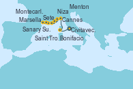 Visitando Civitavecchia (Roma), Bonifacio (Córcega/Francia), Cannes (Francia), Montecarlo (Mónaco), Montecarlo (Mónaco), Sete (Francia), Sanary Sur Mer (Francia), Marsella (Francia), Saint Tropez (Francia), Menton (Francia), Niza (Francia), Niza (Francia)