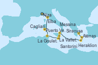 Visitando Niza (Francia), Elba (Portoferraio/Italia), Puerto Vecchio (Córcega), Cagliari (Cerdeña), La Goulette (Tunez), La Valletta (Malta), Mgarr (Malta), Siracusa (Sicilia), Messina (Sicilia), Heraklion (Creta), Santorini (Grecia), Atenas (Grecia)