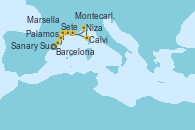 Visitando Barcelona, Palamos (Gerona/España), Sete (Francia), Marsella (Francia), Sanary Sur Mer (Francia), Niza (Francia), Calvi (Córcega), Montecarlo (Mónaco)