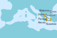 Visitando Atenas (Grecia), Kusadasi (Efeso/Turquía), Chios (Grecia), Tesalónica (Grecia), Volos (Grecia), Mykonos (Grecia), Mykonos (Grecia), Paros (Grecia), Atenas (Grecia)
