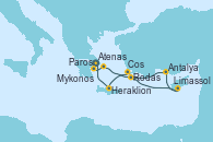 Visitando Atenas (Grecia), Paros (Grecia), Mykonos (Grecia), Mykonos (Grecia), Rodas (Grecia), Limassol (Chipre), Antalya (Turquía), Antalya (Turquía), Cos (Grecia), Heraklion (Creta), Atenas (Grecia)