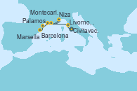 Visitando Civitavecchia (Roma), Livorno, Pisa y Florencia (Italia), Livorno, Pisa y Florencia (Italia), Montecarlo (Mónaco), Niza (Francia), Marsella (Francia), Palamos (Gerona/España), Barcelona
