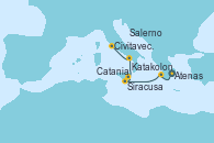 Visitando Atenas (Grecia), Katakolon (Olimpia/Grecia), Sarande (Albania), Siracusa (Sicilia), Catania (Sicilia), Salerno (Italia), Salerno (Italia), Civitavecchia (Roma)