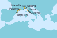 Visitando Civitavecchia (Roma), Livorno, Pisa y Florencia (Italia), Livorno, Pisa y Florencia (Italia), Génova (Italia), Niza (Francia), Marsella (Francia), Palamos (Gerona/España), Barcelona