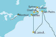 Visitando Montreal (Canadá), Quebec (Canadá), Charlottetown (Canadá), Sydney (Nueva Escocia/Canadá), Halifax (Canadá), St. John´s (Antigua y Barbuda), San Pedro y Miquelón (Francia), Montreal (Canadá)