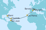 Visitando Marsella (Francia), Barcelona, Las Palmas de Gran Canaria (España), San Juan (Puerto Rico), Charlotte Amalie (St. Thomas), Miami (Florida/EEUU)