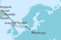 Visitando Hamburgo (Alemania), Lerwick (Escocia), Seydisfjordur (Islandia), Akureyri (Islandia), Eyjafjördur (Islandia), Reykjavik (Islandia), Reykjavik (Islandia), Invergordon (Escocia), Hamburgo (Alemania)