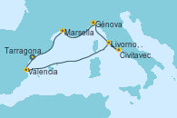 Visitando Tarragona (España), Valencia, Livorno, Pisa y Florencia (Italia), Civitavecchia (Roma), Génova (Italia), Marsella (Francia), Tarragona (España)
