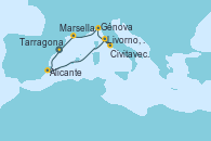 Visitando Tarragona (España), Alicante (España), Livorno, Pisa y Florencia (Italia), Civitavecchia (Roma), Génova (Italia), Marsella (Francia), Tarragona (España)