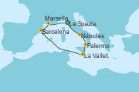 Visitando La Spezia, Florencia y Pisa (Italia), Nápoles (Italia), Palermo (Italia), La Valletta (Malta), Barcelona, Marsella (Francia), La Spezia, Florencia y Pisa (Italia)