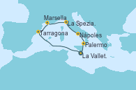 Visitando La Valletta (Malta), Tarragona (España), Marsella (Francia), La Spezia, Florencia y Pisa (Italia), Nápoles (Italia), Palermo (Italia), La Valletta (Malta)