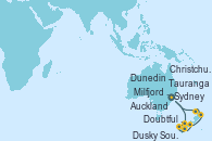 Visitando Sydney (Australia), Milfjord Sound (Nueva Zelanda), Doubtful Sound (Nueva Zelanda), Dusky Sound (Nueva Zelanda), Dunedin (Nueva Zelanda), Christchurch (Nueva Zelanda), Tauranga (Nueva Zelanda), Auckland (Nueva Zelanda), Sydney (Australia)