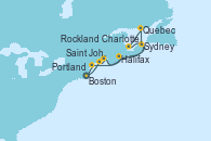 Visitando Boston (Massachusetts), Rockland (Maine), Saint John (New Brunswick/Canadá), Halifax (Canadá), Sydney (Nueva Escocia/Canadá), Quebec (Canadá), Quebec (Canadá), Charlottetown (Canadá), Portland (Maine/Estados Unidos), Boston (Massachusetts)