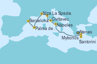 Visitando Atenas (Grecia), Santorini (Grecia), Mykonos (Grecia), Nápoles (Italia), Civitavecchia (Roma), La Spezia, Florencia y Pisa (Italia), La Spezia, Florencia y Pisa (Italia), Niza (Francia), Palma de Mallorca (España), Barcelona