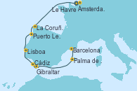 Visitando Ámsterdam (Holanda), Le Havre (Francia), La Coruña (Galicia/España), Puerto Leixões (Portugal), Lisboa (Portugal), Lisboa (Portugal), Cádiz (España), Gibraltar (Inglaterra), Palma de Mallorca (España), Barcelona