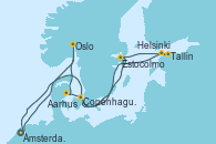 Visitando Ámsterdam (Holanda), Oslo (Noruega), Aarhus (Dinamarca), Estocolmo (Suecia), Tallin (Estonia), Helsinki (Finlandia), Copenhague (Dinamarca), Copenhague (Dinamarca), Ámsterdam (Holanda)
