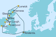 Visitando Ámsterdam (Holanda), Cork (Irlanda), Dun Laoghaire (Dublin/Irlanda), Belfast (Irlanda), Liverpool (Reino Unido), Glasgow (Escocia), Lerwick (Escocia), Inverness (Escocia), Ámsterdam (Holanda)