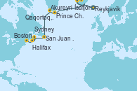Visitando Reykjavik (Islandia), Ísafjörður (Islandia), Akureyri (Islandia), Akureyri (Islandia), Prince Christian Sound (Groenlandia), Qaqortoq, Greeland, San Juan de Terranova (Canadá), Halifax (Canadá), Sydney (Nueva Escocia/Canadá), Boston (Massachusetts)