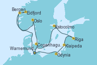 Visitando Warnemunde (Alemania), Eidfjord (Hardangerfjord/Noruega), Bergen (Noruega), Lyngdal	 Norway, Oslo (Noruega), Copenhague (Dinamarca), Warnemunde (Alemania), Gdynia (Polonia), Klaipeda (Lituania), Riga (Letonia), Estocolmo (Suecia), Copenhague (Dinamarca), Warnemunde (Alemania)