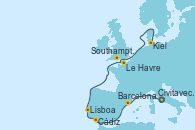 Visitando Civitavecchia (Roma), Barcelona, Cádiz (España), Lisboa (Portugal), Le Havre (Francia), Southampton (Inglaterra), Kiel (Alemania)