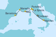 Visitando Civitavecchia (Roma), Nápoles (Italia), La Spezia, Florencia y Pisa (Italia), La Spezia, Florencia y Pisa (Italia), Portofino (Italia), Niza (Francia), Marsella (Francia), Barcelona