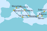 Visitando Savona (Italia), Civitavecchia (Roma), Messina (Sicilia), Esmirna (Turquía), Estambul (Turquía), Estambul (Turquía), Atenas (Grecia), La Goulette (Tunez), Barcelona, Marsella (Francia), Savona (Italia)