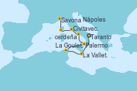 Visitando Taranto (Italia), La Valletta (Malta), La Goulette (Tunez), Palermo (Italia), Nápoles (Italia), Civitavecchia (Roma), Ajaccio (Córcega), Savona (Italia)