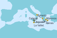Visitando Catania (Sicilia), Taranto (Italia), Argostoli (Grecia), Mykonos (Grecia), Atenas (Grecia), La Valletta (Malta), Catania (Sicilia)