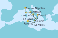 Visitando Catania (Sicilia), Taranto (Italia), La Valletta (Malta), La Goulette (Tunez), Palermo (Italia), Nápoles (Italia), Civitavecchia (Roma), Ajaccio (Córcega), Savona (Italia)