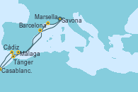 Visitando Savona (Italia), Marsella (Francia), Málaga, Cádiz (España), Casablanca (Marruecos), Casablanca (Marruecos), Tánger (Marruecos), Barcelona, Savona (Italia)